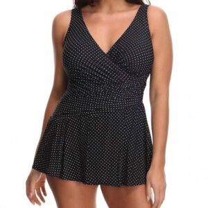 Miraclesuit Black & White Polka Dot Swim Dress – One Piece – Size 12 (DD Cup)
